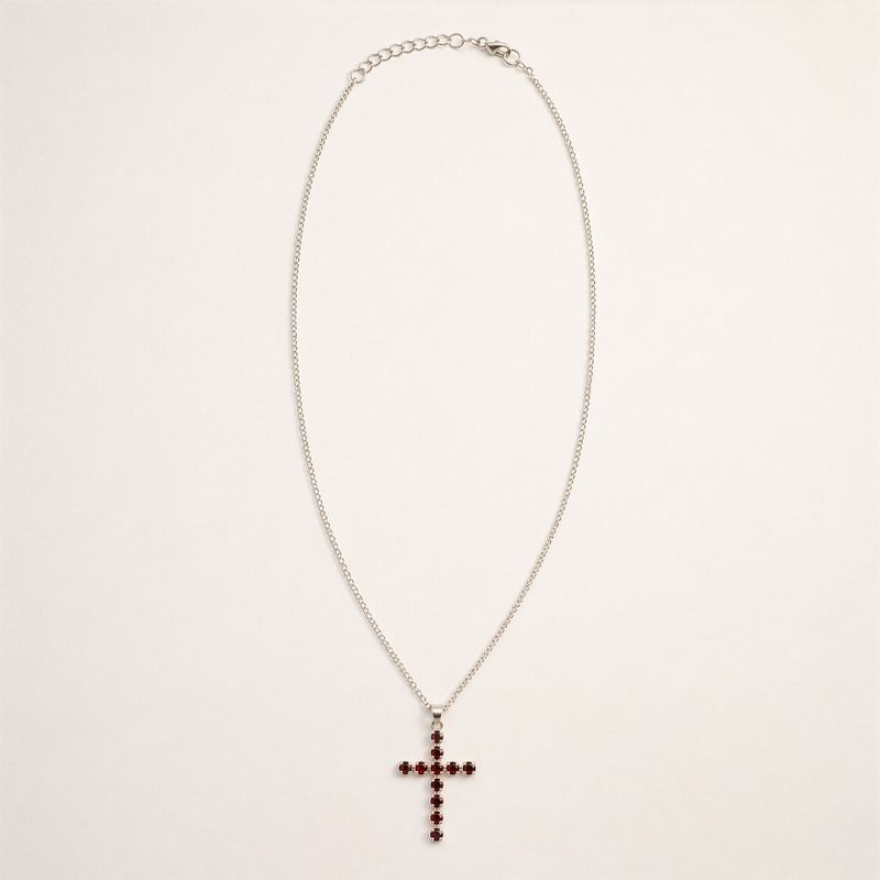 Colgante esotérico de la India - Plateado (cadena de 45 cm) - Crucifijo de granate