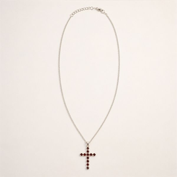 Colgante esotérico de la India - Plateado (cadena de 45 cm) - Crucifijo de granate