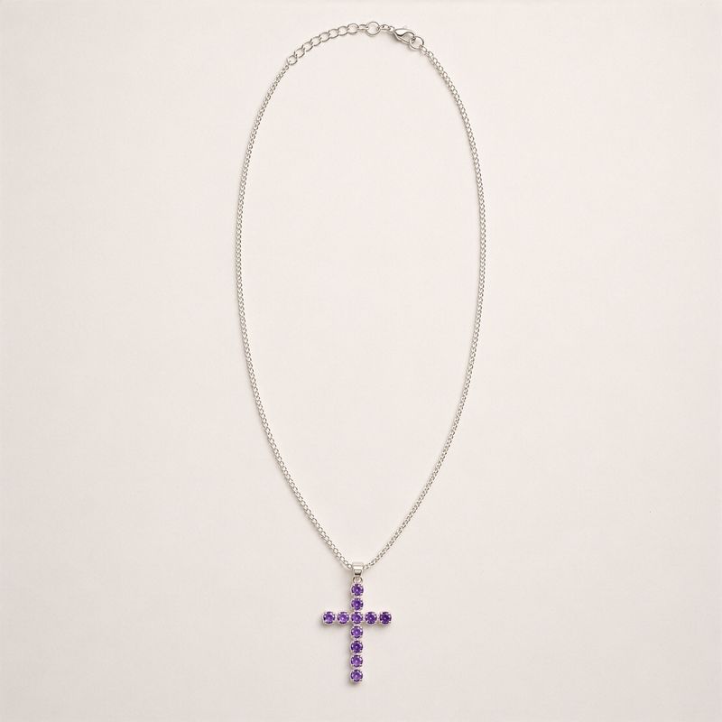 Colgante esotérico de la India - Plateado (cadena de 45 cm) - Crucifijo de amatista