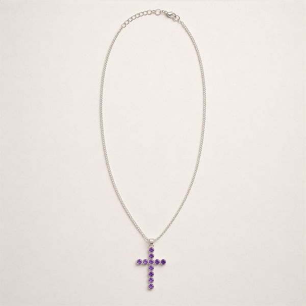 Colgante esotérico de la India - Plateado (cadena de 45 cm) - Crucifijo de amatista