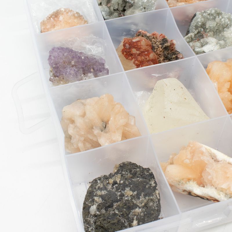 Especímenes minerales - 24 piezas de zeolitas indias mixtas en una vitrina