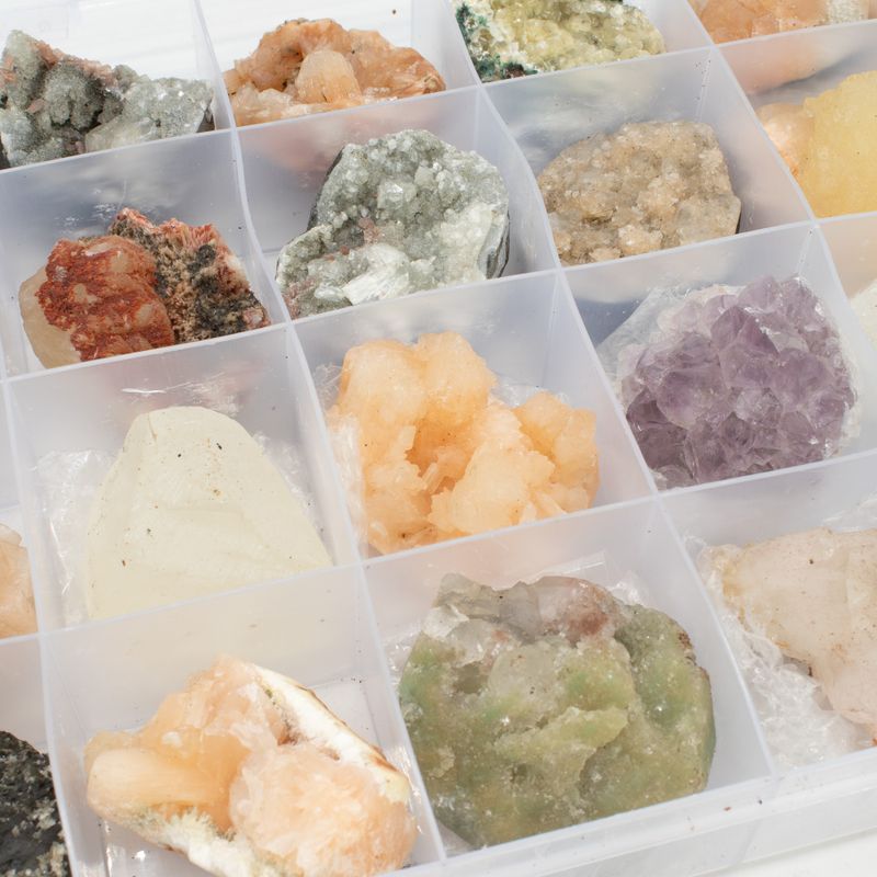 Especímenes minerales - 24 piezas de zeolitas indias mixtas en una vitrina