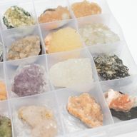Especímenes minerales - 24 piezas de zeolitas indias mixtas en una vitrina