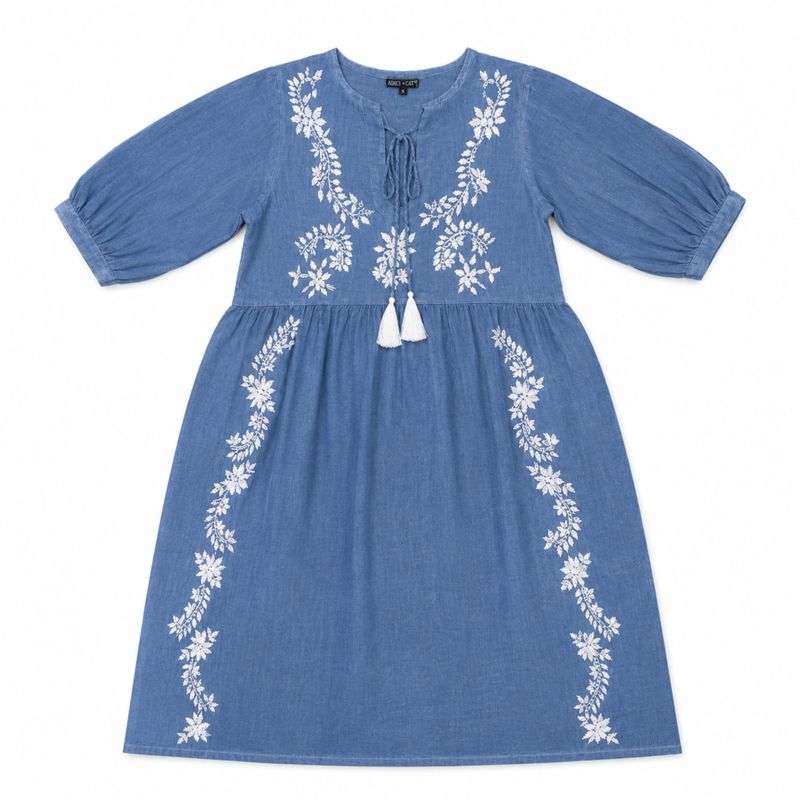 (M-L) Nomad Sari en la Colección Med - Vestido - Azul Oscuro con Bordado y Borla