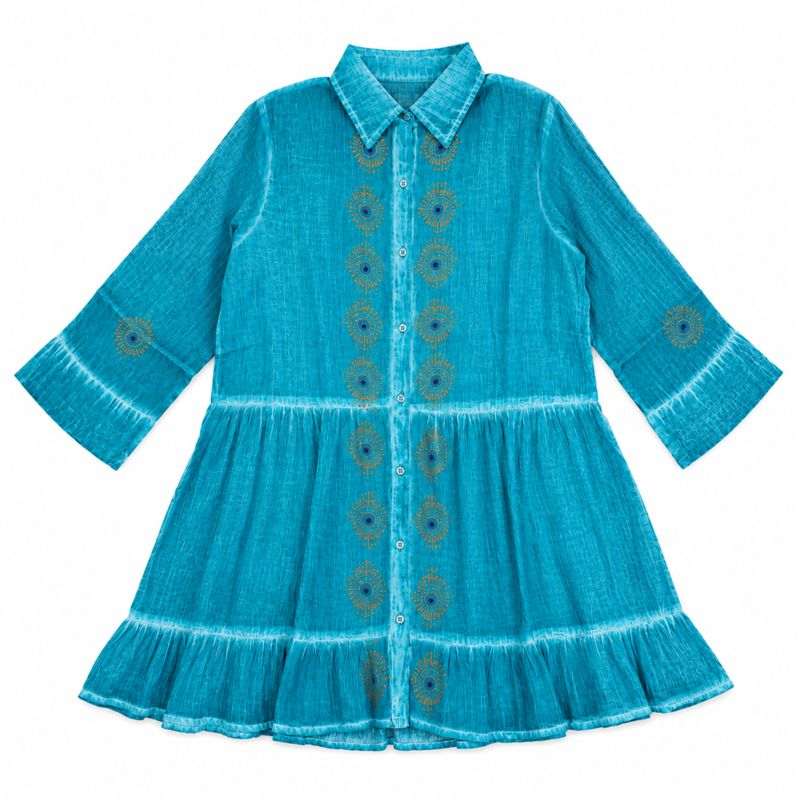 (M-L) Nomad Sari en la Colección Med - Vestido túnica - Turquesa con estampado en bloque del ojo nazar