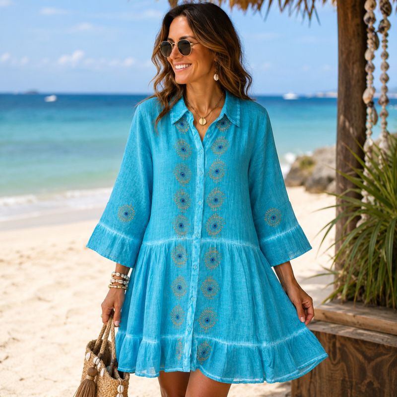 (M-L) Nomad Sari en la Colección Med - Vestido túnica - Turquesa con estampado en bloque del ojo nazar