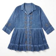 (M-L) Nomad Sari en la Colección Med - Vestido túnica - Azul grisáceo con estampado en bloque de ojo nazar