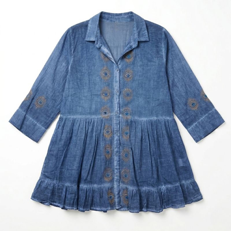 (M-L) Nomad Sari en la Colección Med - Vestido túnica - Azul grisáceo con estampado en bloque de ojo nazar
