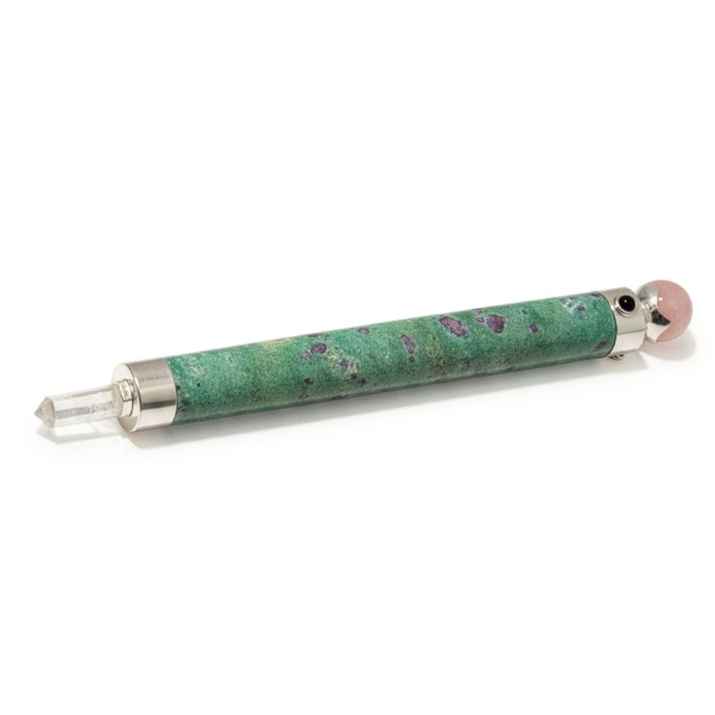 Varita de Energía Corazón Verde - cuarzo rosa, rubí y fucsia en la punta - 23 cm