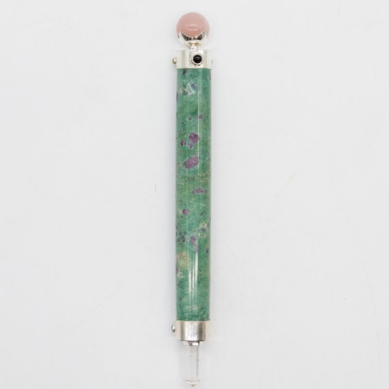 Varita de Energía Corazón Verde - cuarzo rosa, rubí y fucsia en la punta - 23 cm