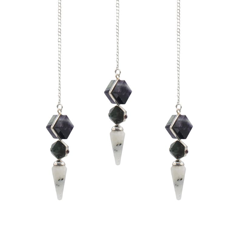 Edición de la Puerta Psíquica - Péndulo de tres piezas - Fluorita multicolor - Labradorita - Piedra luna arcoíris