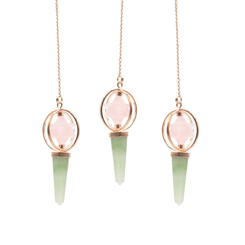 Compás del Corazón - Estrella Merkaba giratoria de dos piezas con péndulo de cobre - cuarzo rosa y aventurina verde