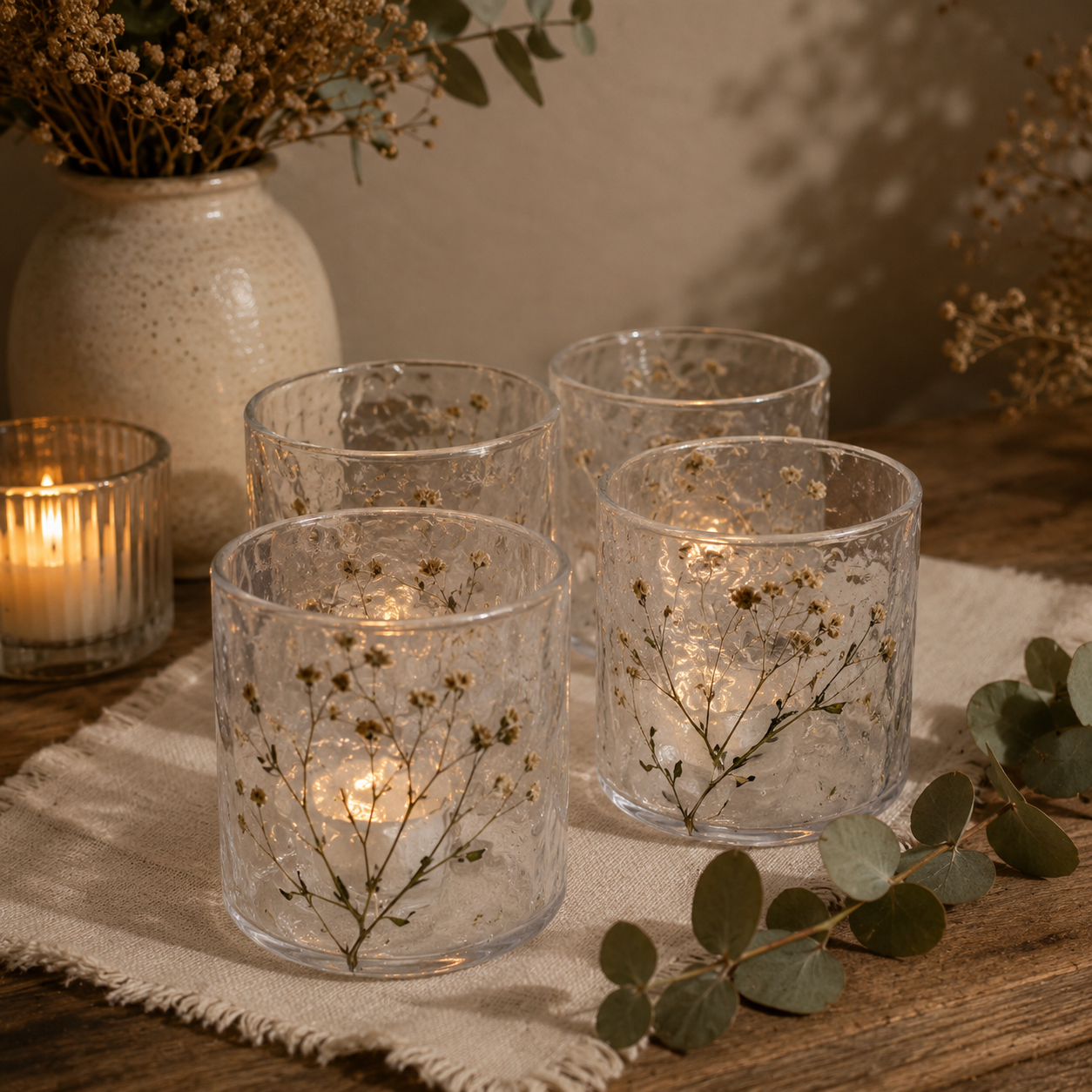 Porta Velas de Cristal Floral Natural
