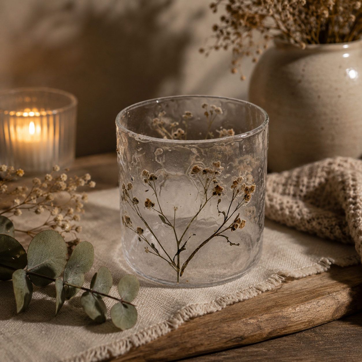 Porta Velas de Cristal Floral Natural