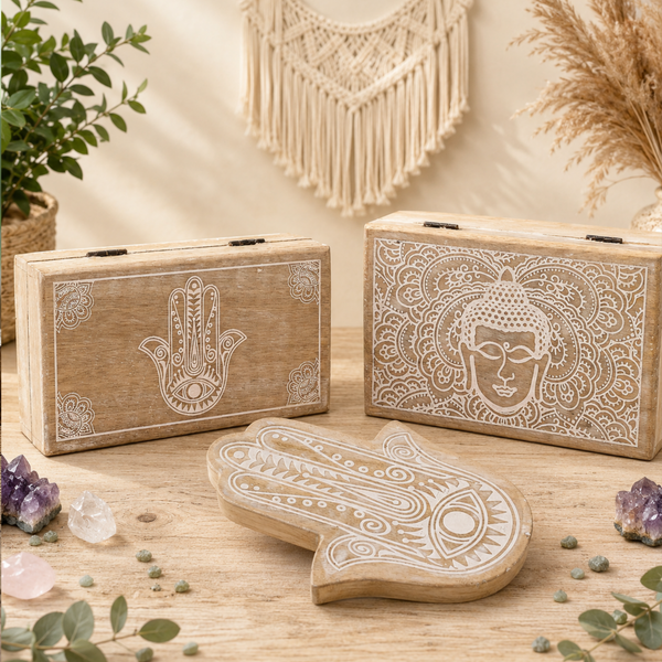 Cajas y Bandejas de Madera Hamsa & Buda