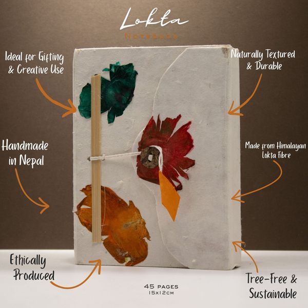 Cuaderno de papel Lokta con cierre de botón, tamaño Mediano (15x12 cm) - 45 páginas - Con diseño floral auténtico del Himalaya