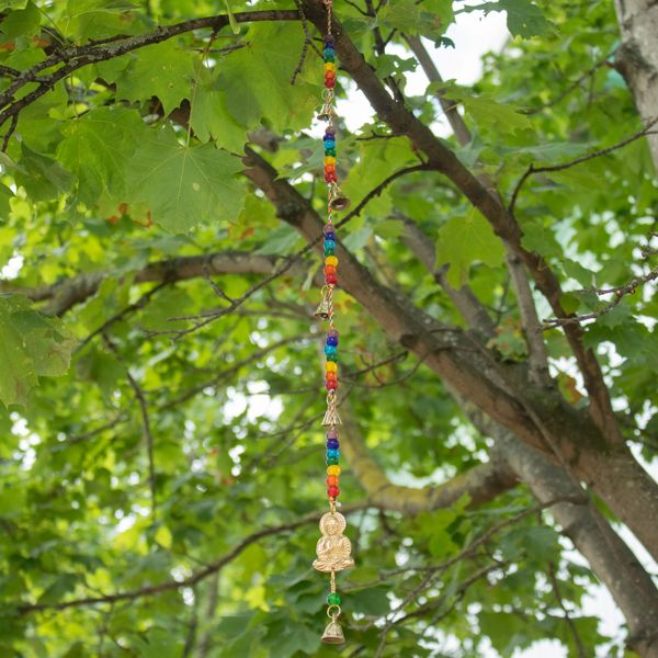 Carillón Indio - Buda de latón con Cuentas de Chakra en Cuerda - 53cm