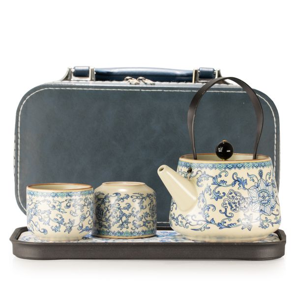 Conjunto de tetera de viaje y dos tazas - China Ru Azul