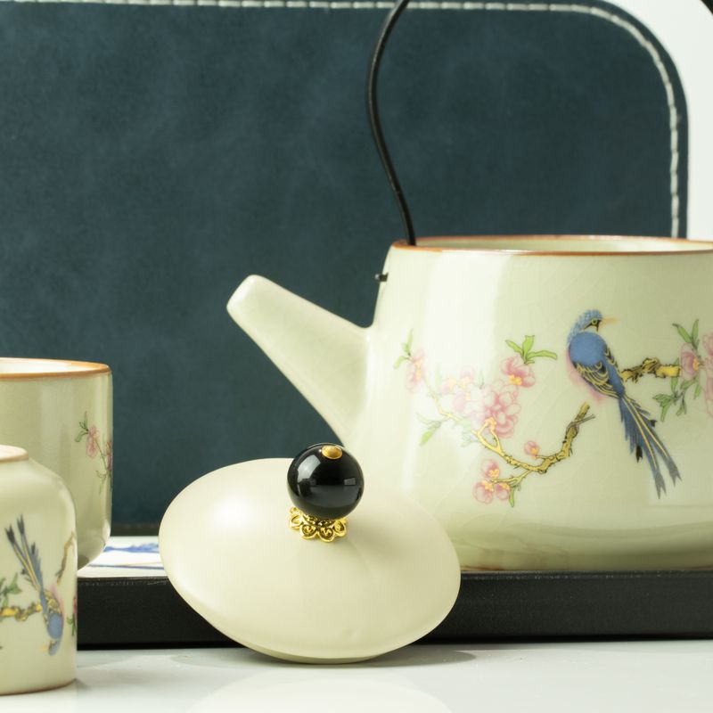 Juego de tetera de viaje y dos tazas - Pájaro Azul Dinastía Qing
