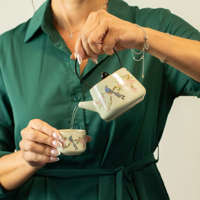 Juego de tetera de viaje y dos tazas - Pájaro Azul Dinastía Qing