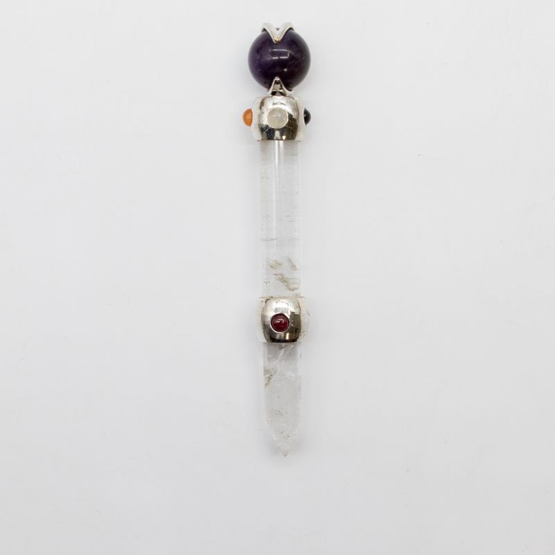 Varita de prisma celestial - Esfera de cristal móvil de amatista - Tallo de cuarzo - 12 cm