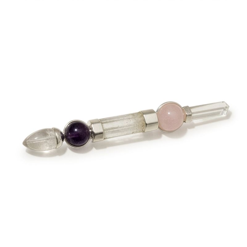 Varita del Eje de la Gracia - Esferas de Amatista y Cuarzo Rosa, Tallo de Cuarzo - 12 cm