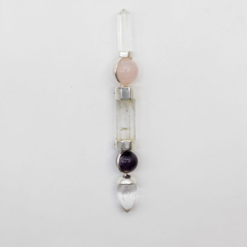 Varita del Eje de la Gracia - Esferas de Amatista y Cuarzo Rosa, Tallo de Cuarzo - 12 cm