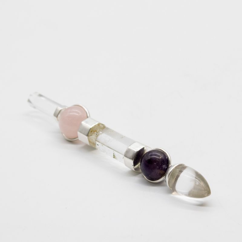 Varita del Eje de la Gracia - Esferas de Amatista y Cuarzo Rosa, Tallo de Cuarzo - 12 cm