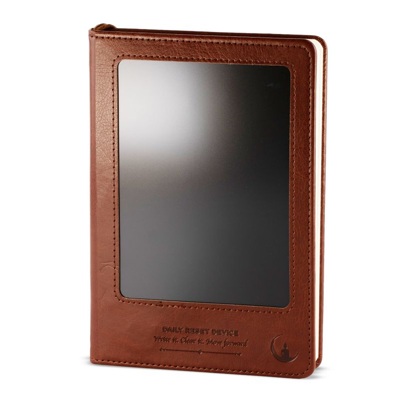 Cuaderno de Intenciones - Pantalla LCD borrable - Efecto cuero marrón - Hoja de latón - 80 hojas