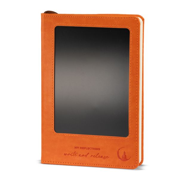 Cuaderno de Intenciones - Pantalla LCD de Limpieza - Efecto Cuero Naranja - Hoja de Latón - 80 Hojas