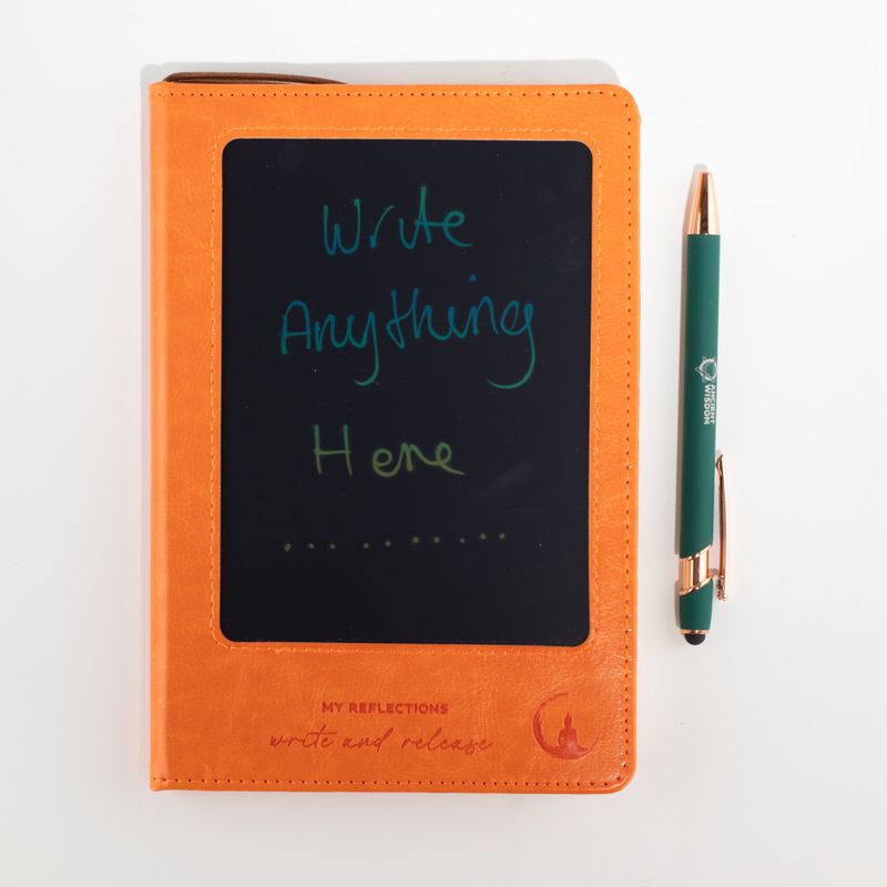 Cuaderno de notas de intención - Pantalla de borrado LCD - Efecto cuero naranja - Hoja de latón - 80 hojas