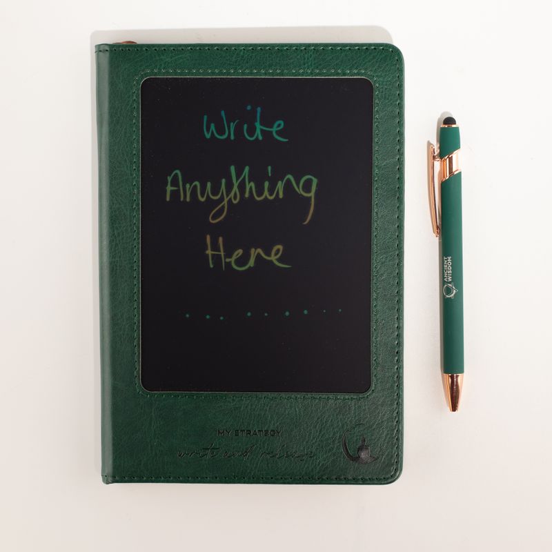 Cuaderno de Intenciones - Pantalla LCD de limpieza - Efecto cuero verde - Hoja de latón - 80 hojas