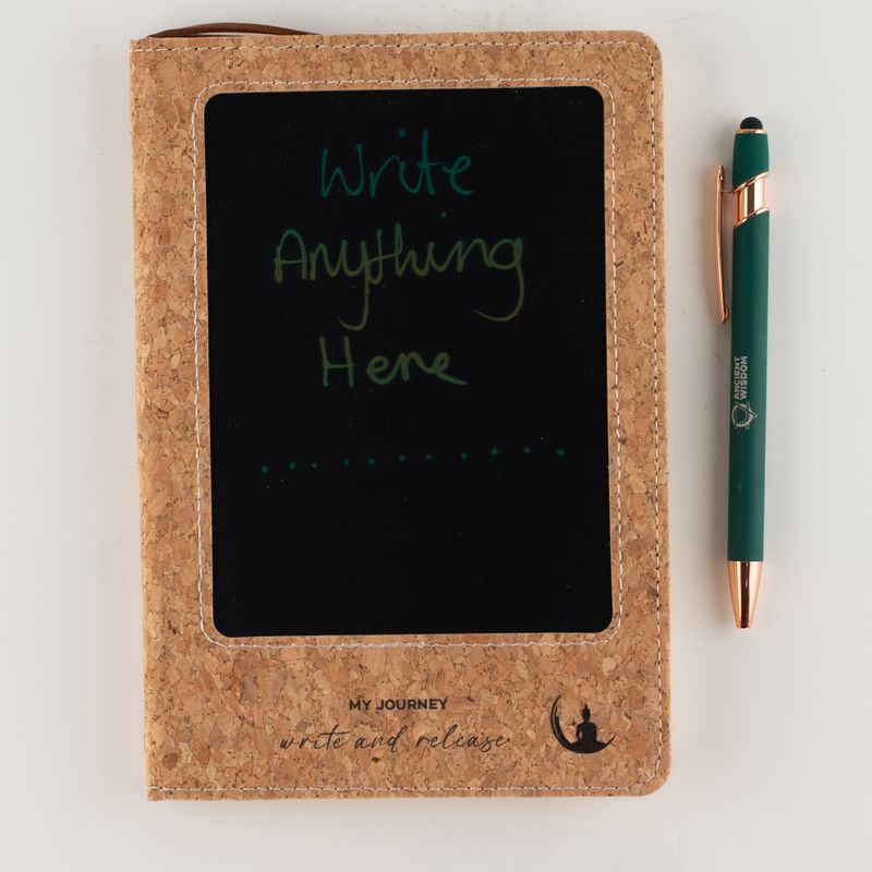 Cuaderno de Intención - Pantalla LCD que se limpia - Efecto cuero de corcho - Hoja de latón - 80 hojas