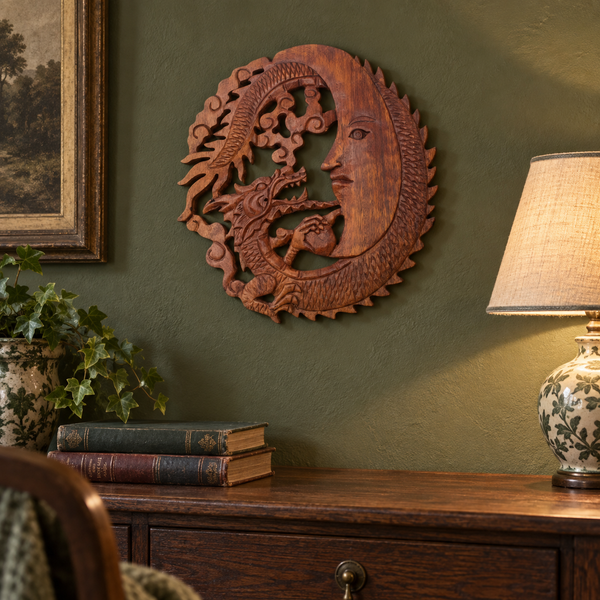 Panel de Madera- Dragon y cara de luna - 30cm