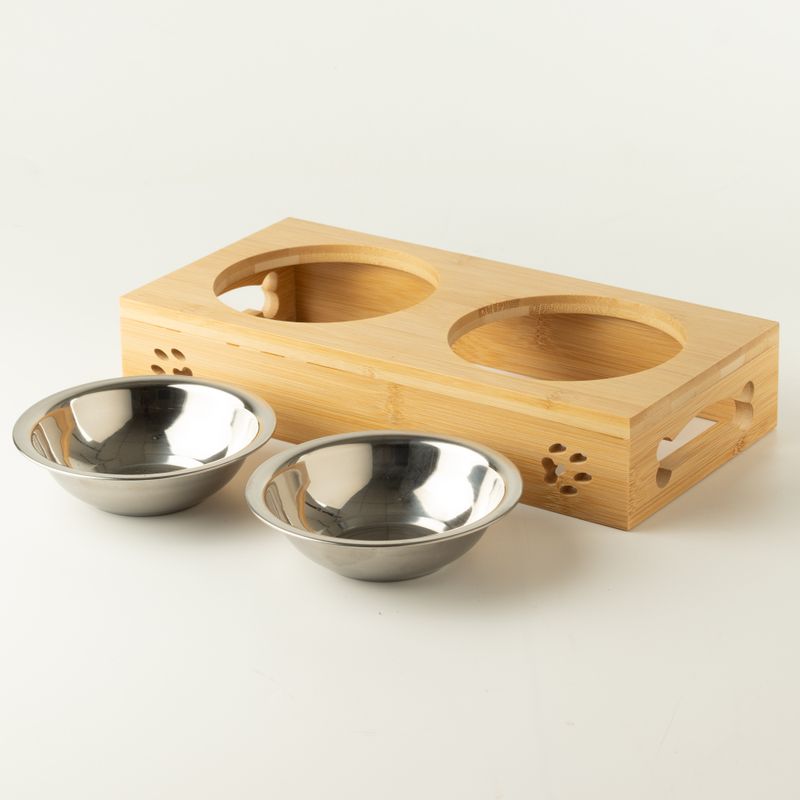 PAW Cuencos para comida - doble acero inoxidable (201) en soporte de madera - 2x12cm