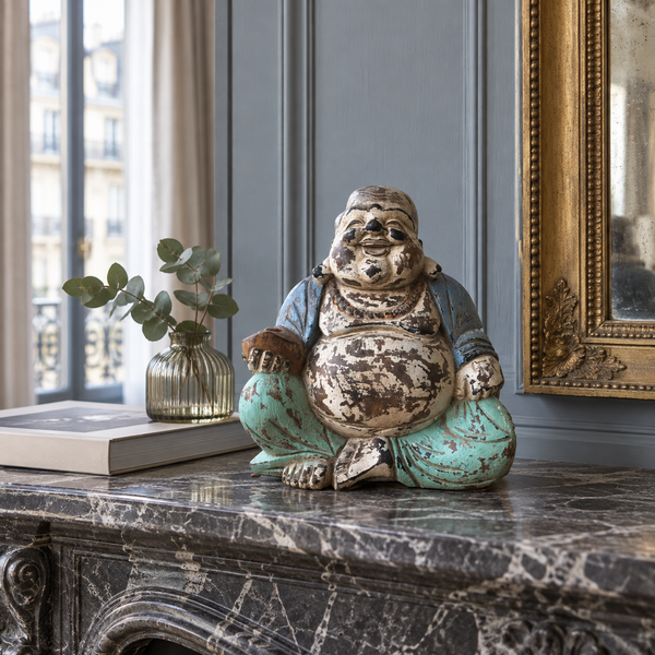 Estatua de Buda Vintage Azul Menta Tallada a Mano - 30cm - Buda Feliz