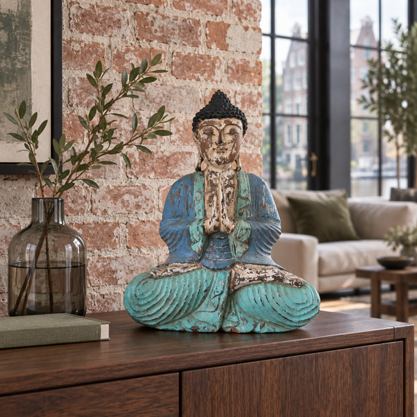Estatua de Buda Vintage Azul Menta Tallada a Mano - 40cm - Bienvenido