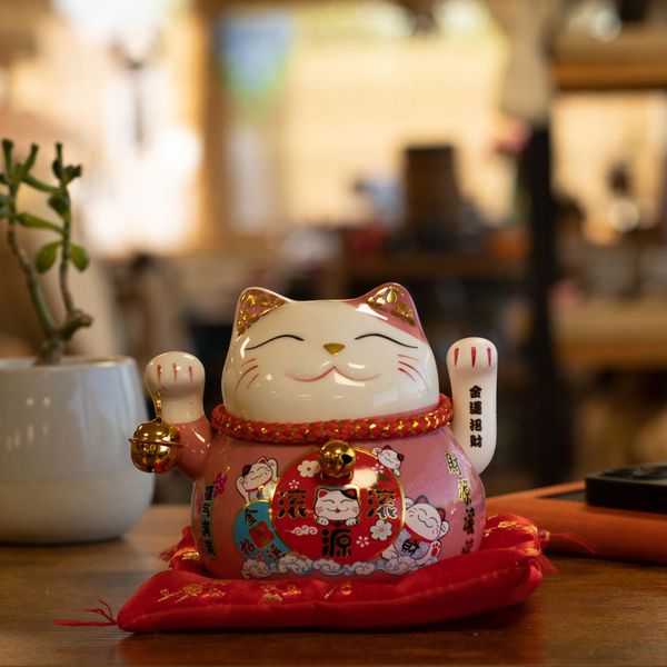 Hucha de Cerámica con forma de Gato - Rosa sobre cojín (pila no incluida)