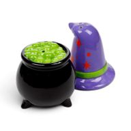 Set de salero y pimentero de cerámica con forma de sombrero de bruja y caldero