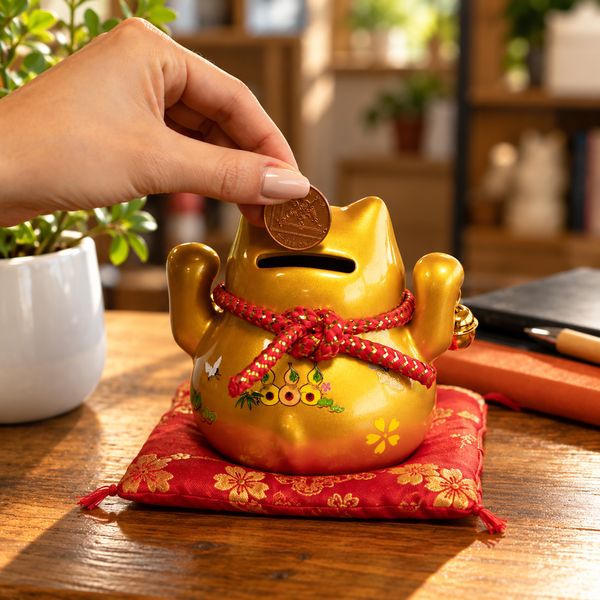 Hucha de Cerámica con forma de Gato - Dorada sobre cojín