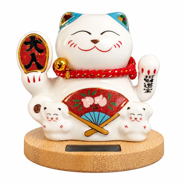 Hucha Solar con forma de Gato - Base de Madera - Mano móvil