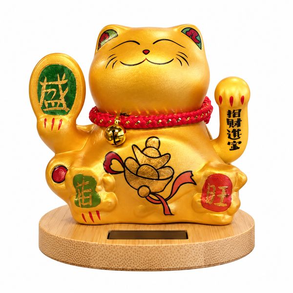 Hucha Solar con forma de Gato - Base de Madera - Mano móvil