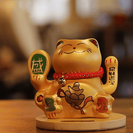 Hucha Solar con forma de Gato - Base de Madera - Mano móvil
