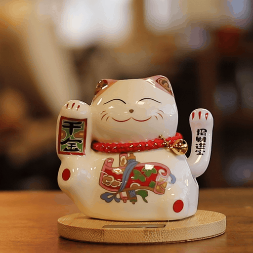 Gato de dinero solar con base de madera - Mano móvil rosa