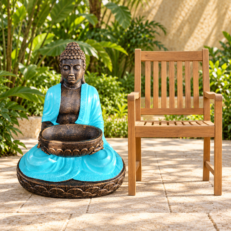 Buda sentado grande con cuenco, turquesa y piedra, 80 cm