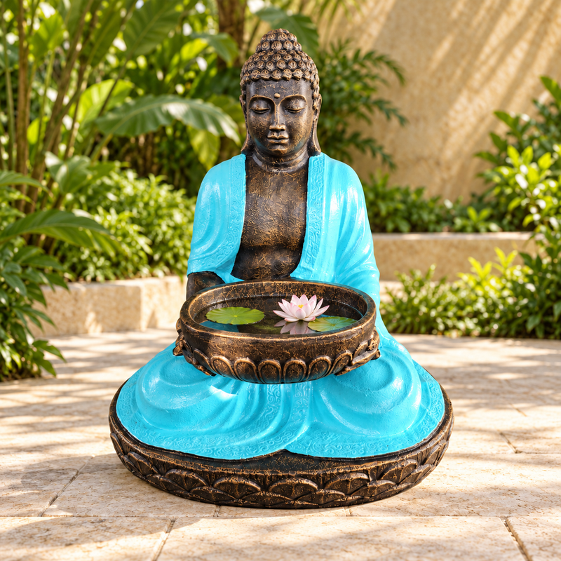 Buda sentado grande con cuenco, turquesa y piedra, 80 cm