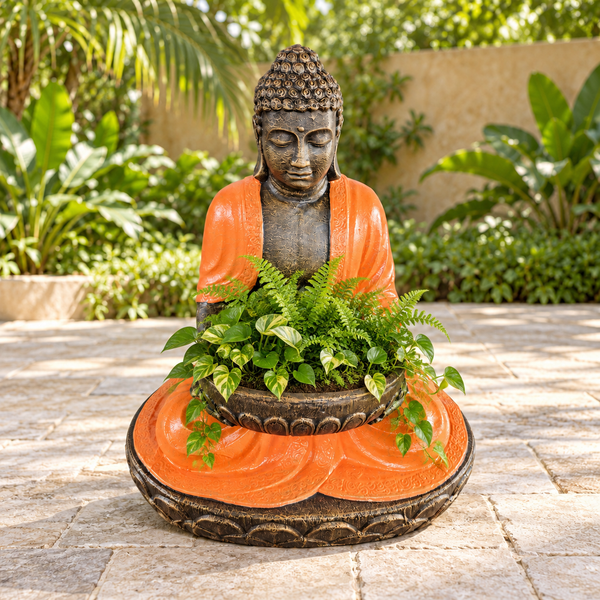 Gran Buda sentado con cuenco, terracota y piedra, 80 cm