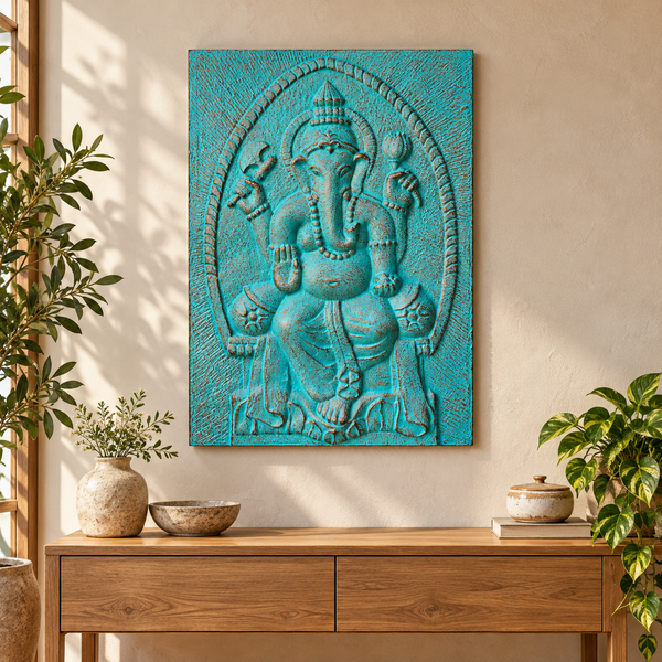 Gran marco de hierro con relieve de Ganpati en turquesa - 0,7 x 1 m
