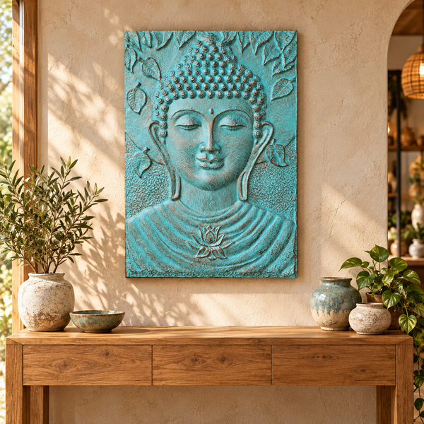 Marco grande de hierro con Buda y relieve turquesa - 0,7 x 1 m