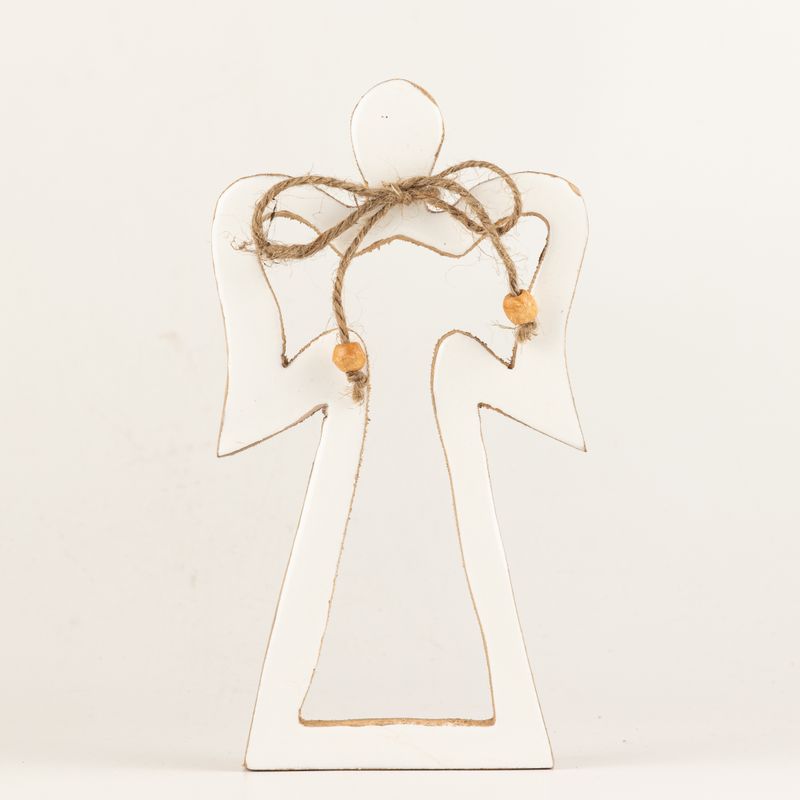 Ángel con halo de madera de mango mediano – Esmalte blanco